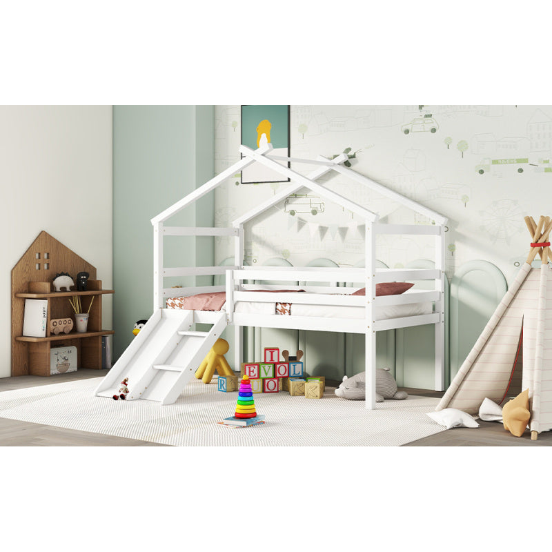 GINOST Twin Low Loft House Bed with Slide & Ladder - White Wooden Frame, Safety Guardrails, Built-in Storage Shelves, Contemporary Bedroom Furniture, Easy Assembly, No Power Needed, Bedroom Furniture, Playful Design, Sturdy C