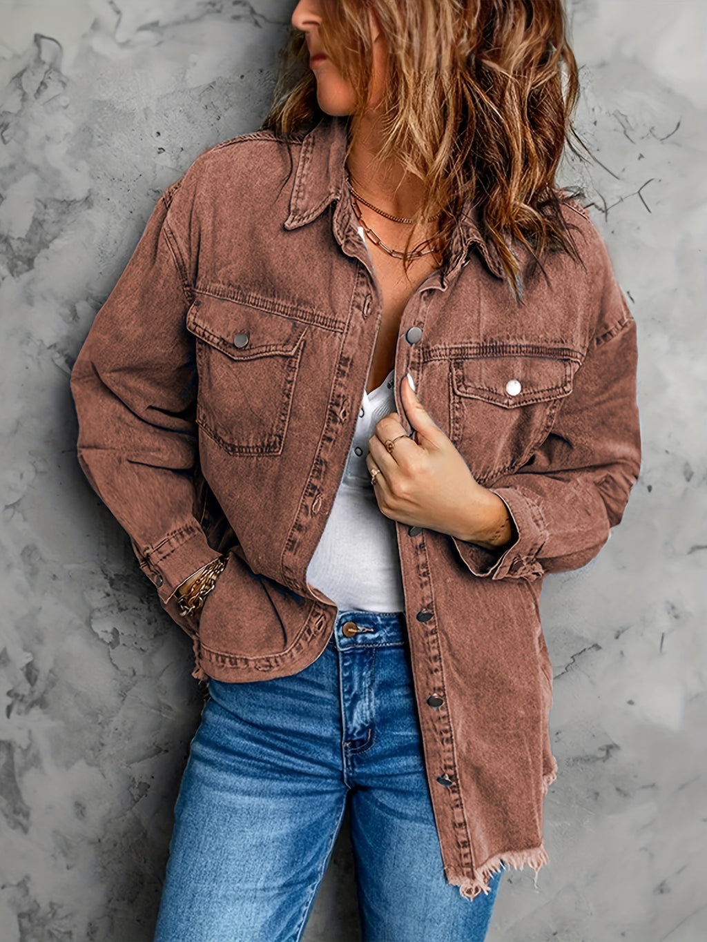 Frayed Hem Long Denim Jackets, Loose Fit Long Sleeves Versatile Lapel Denim Coats, Women's Denim Clothing