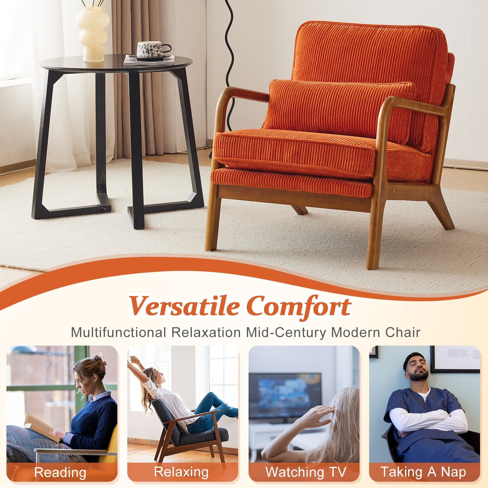 2-Pack Premium Corduroy Accent Chairs, Upholstered Arm Chair, Solid Wood Comfy Reading Chair with Lumbar Pillow, Mid Century Modern Chairs for Living Room,Bedroom