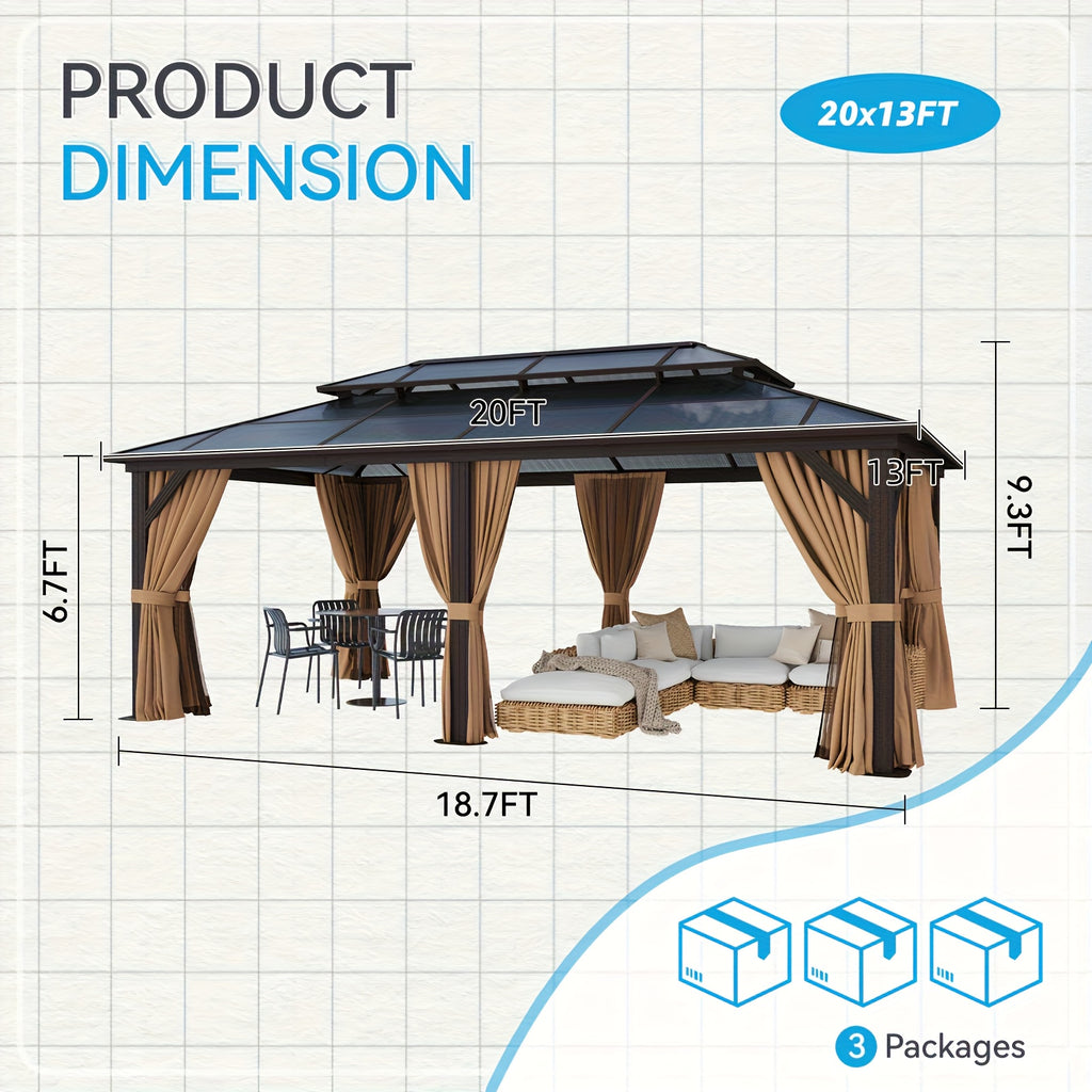 20'x13'/16'x12'/12'x10' Hardtop Gazebo for Patio, Outdoor Aluminum Gazebo with Double Roof, Curtains & Netting, Weather-Resistant Permanent Pavilion, Backyard Patio Furniture for Garden, Lawn, Deck (Brown/Gray)