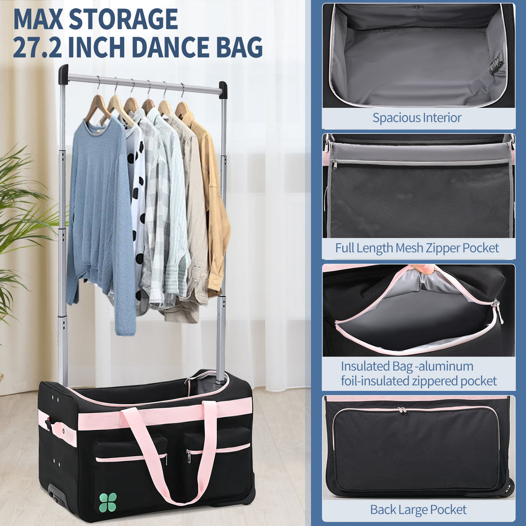Dance Bag With Garment Rack, 27 Inch Dance Competition Bag Garment Duffel Bag For Competition Events, Travel, Recital Events, Rolling Garment Bag Travel Dance Bag for Girls Boys