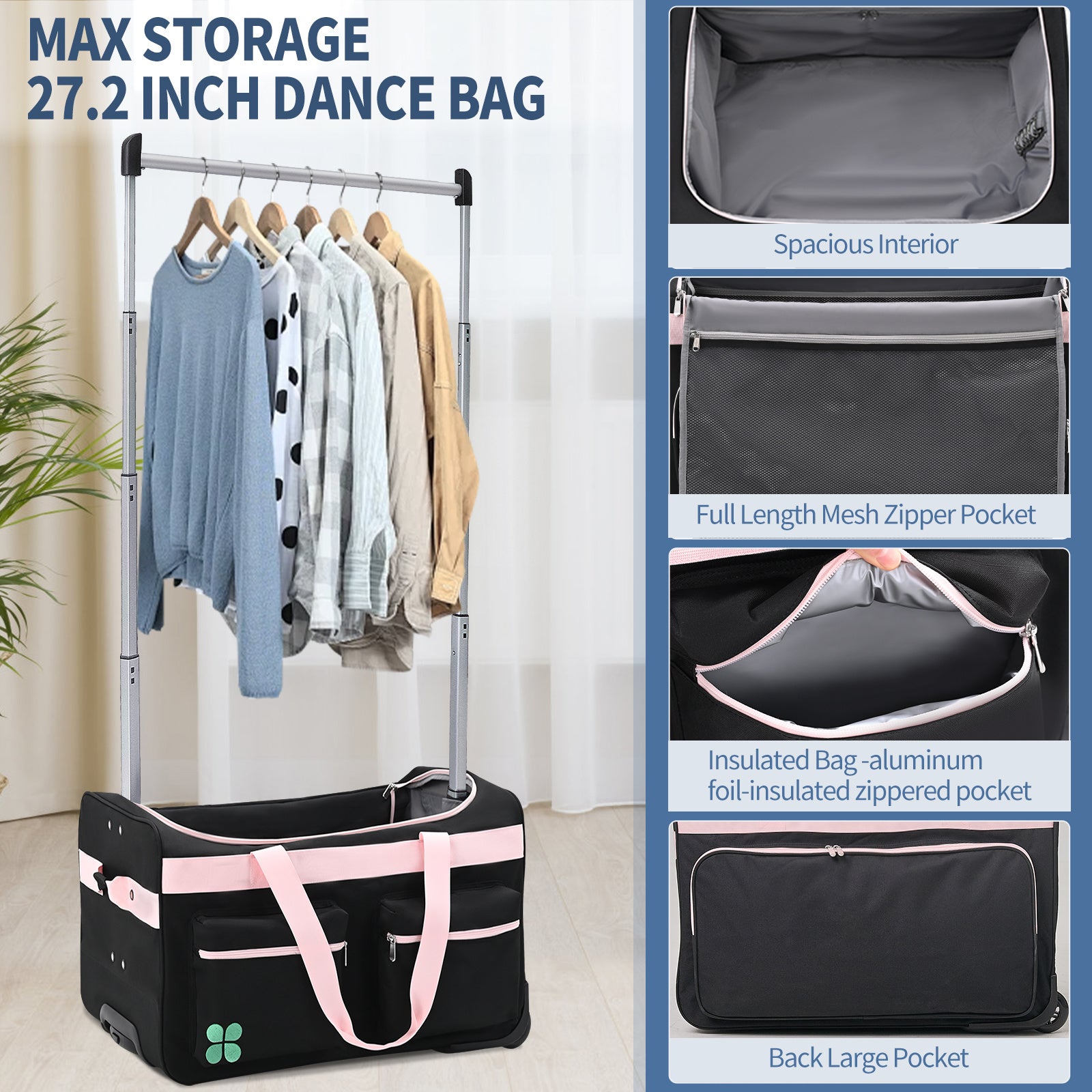 Dance Bag With Garment Rack, 27 Inch Dance Competition Bag Garment Duffel Bag For Competition Events, Travel, Recital Events, Rolling Garment Bag Travel Dance Bag for Girls Boys