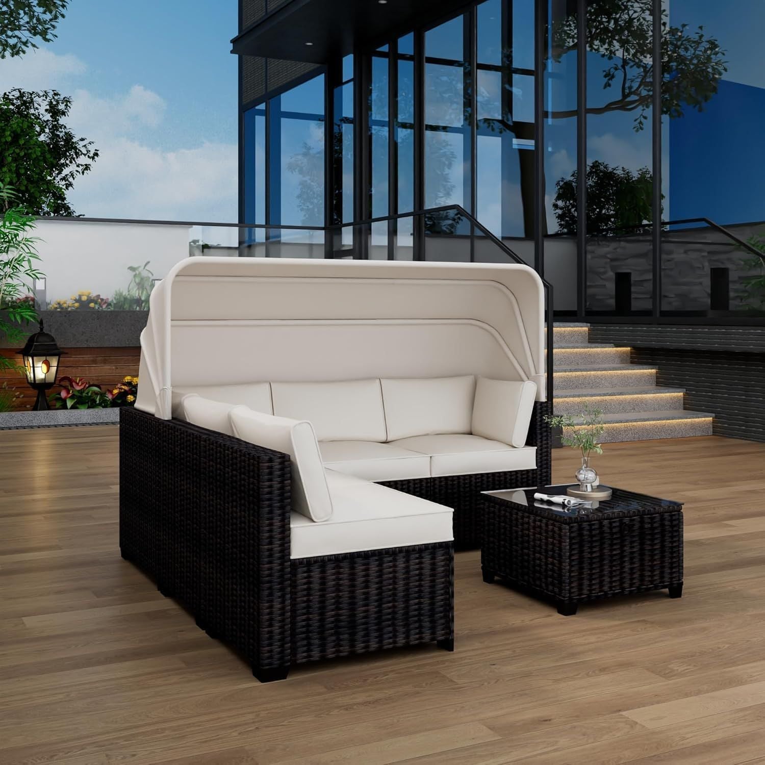 6pcs Wicker Outdoor Daybed Set with Retractable Canopy & Adjustable Chaise Lounges - L-Shaped Patio Furniture, Cushioned Brown/Beige Wicker Sectional Sofa for Poolside, Garden, Backyard - All-Weather Durable Lounge Beds