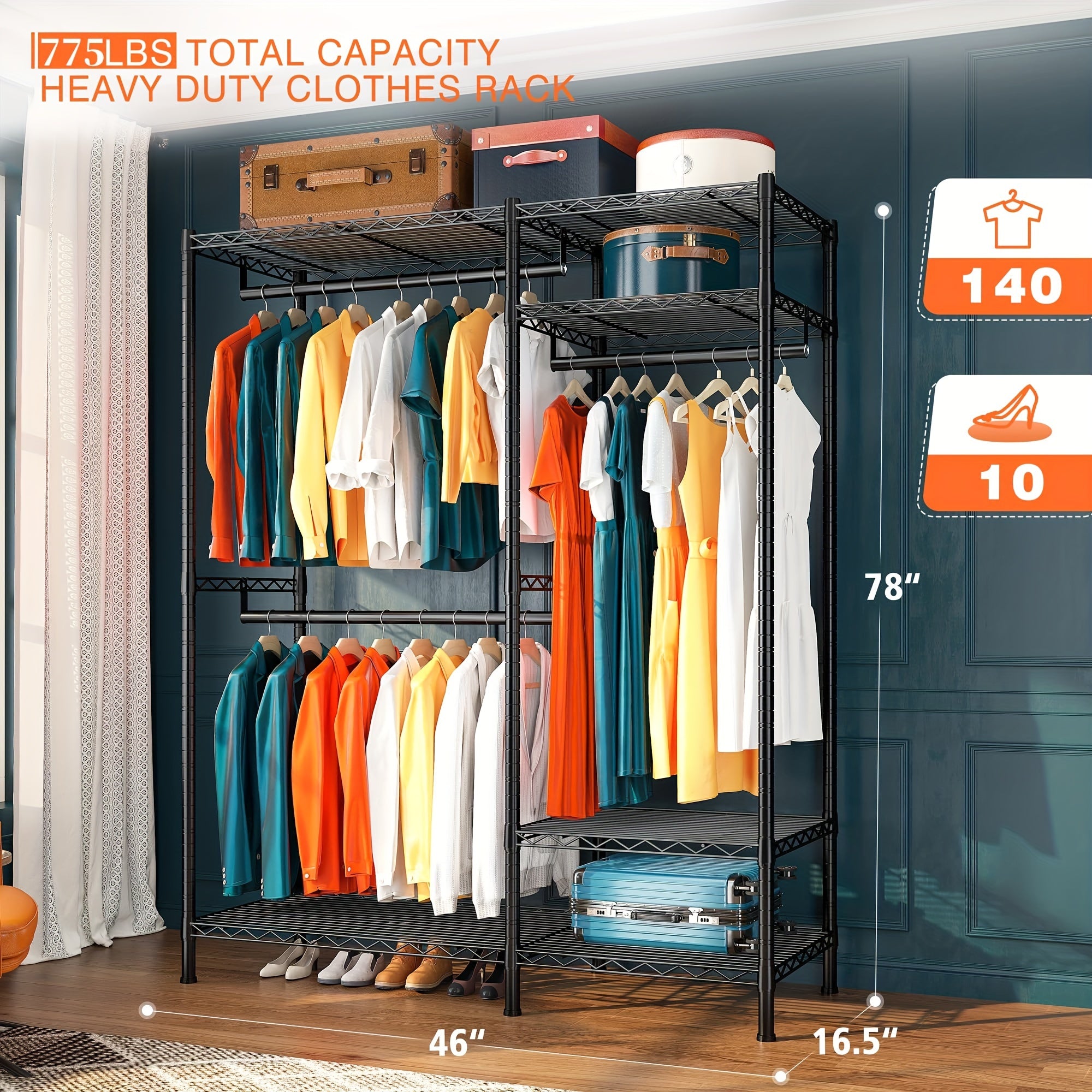 Clothes Rack Heavy Duty Metal Garment Rack With Shelves, Wardrobe Clothes Organizer, Hanging Closet Organizer For Storage, Free Standing Closet Shelves And Coat Rack, Clothes Drying Rack With Rolling Wheels, Kids Hangers And
