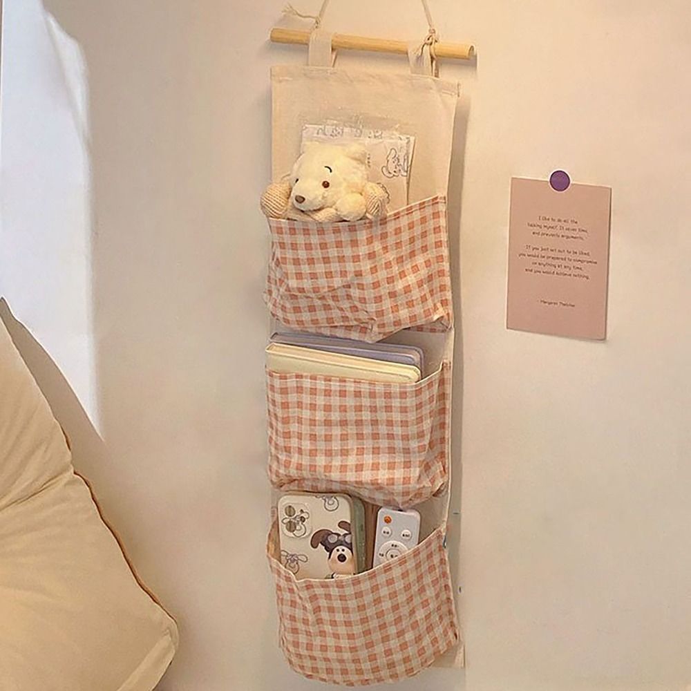 1pc Large Capacity Pink Plaid Hanging Storage Bag - Multifunctional, Waterproof, Breathable Fabric Organizer with Multiple Compartments for Home Organization, Clothes Organizer Storage