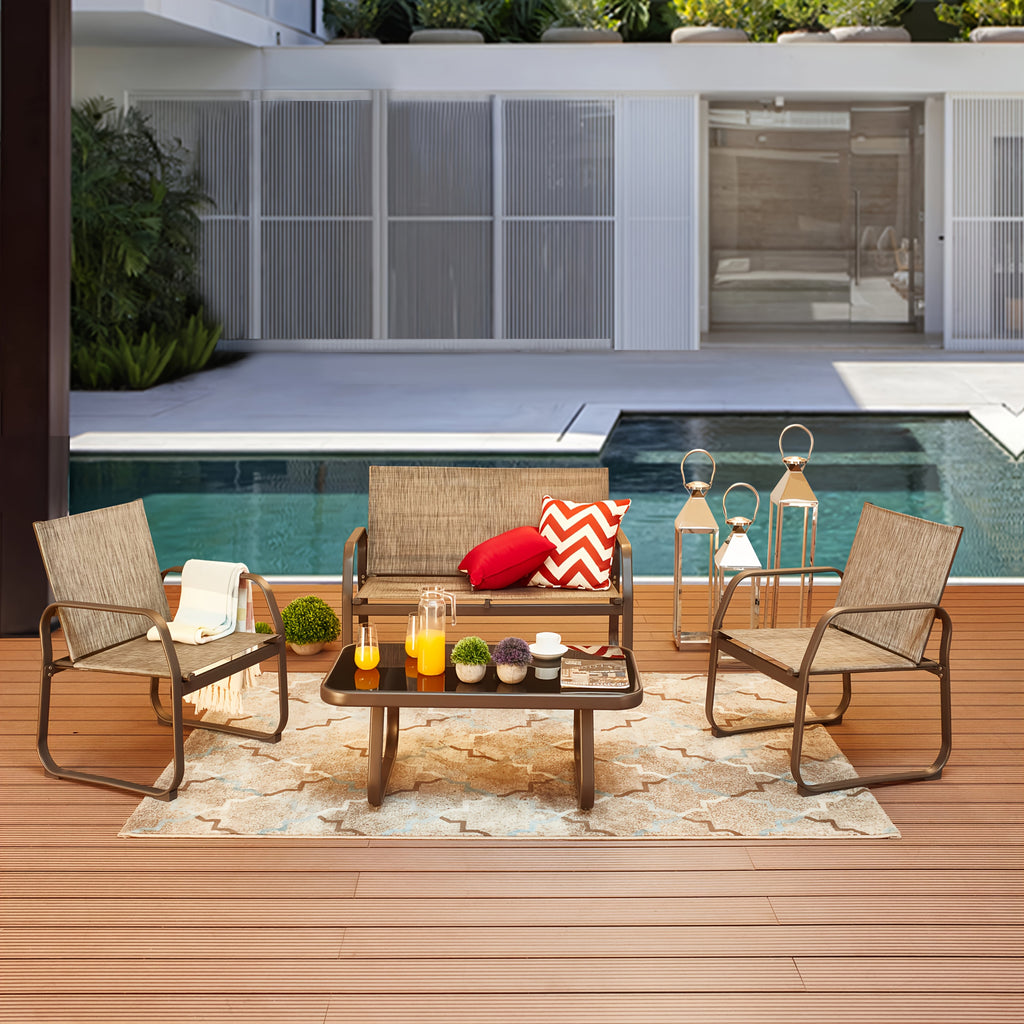 4pcs Patio Furniture Outdoor Bistro Conversation Set With Tempered Glass Coffee Table & Loveseat For Poolside, Porch, Lawn