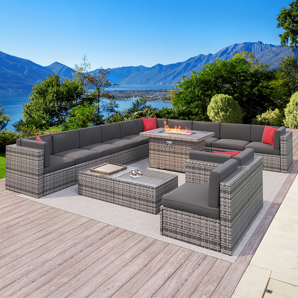 15 Pieces Patio Furniture Set - Grey Wicker Rattan Sectional Sofa with Coffee Table, 40" Fire Pit Table, Outdoor Conversation Set for Garden and Backyard