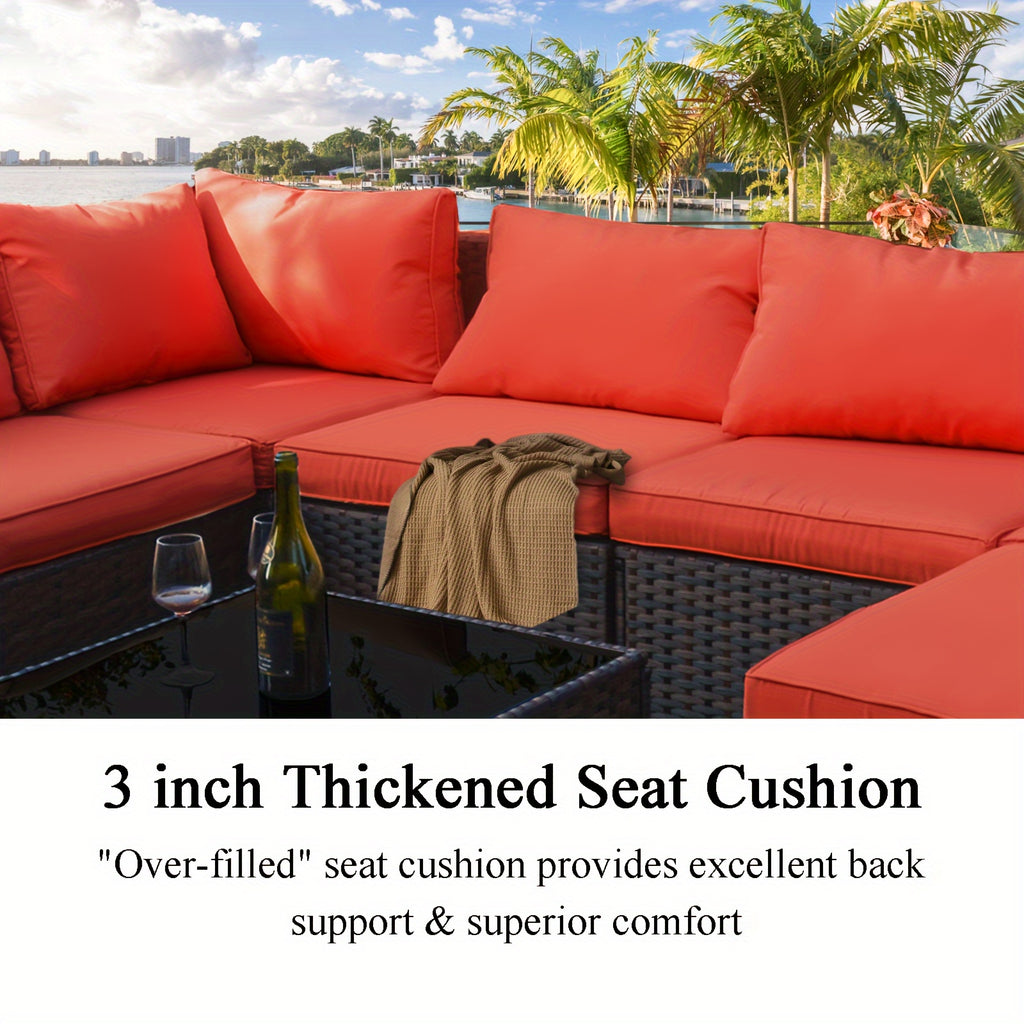 15pcs Patio Furniture Sectional Sofa 50000 BTU Propane Gas Fire Pit Table, Outdoor PE Rattan Patio Conversation Set with Glass Coffee Tables And Cushions for Garden, Poolside, Backyard, Patio Table And Chair Set, Outdoor Pati