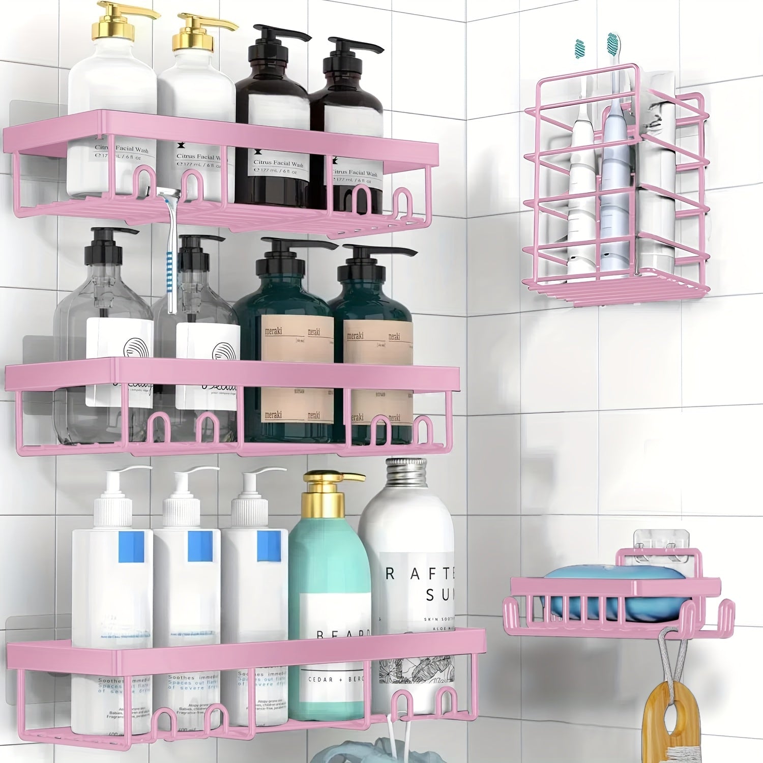5 Pack Shower Caddy, Large Capacity Wall-Mounted Bathroom Shelf with Rustproof 304 Stainless Steel Shower Organizer Rack, No Drill Installation Suitable for Shower, Bathtub, for inside Shower Storage, Shower Caddies