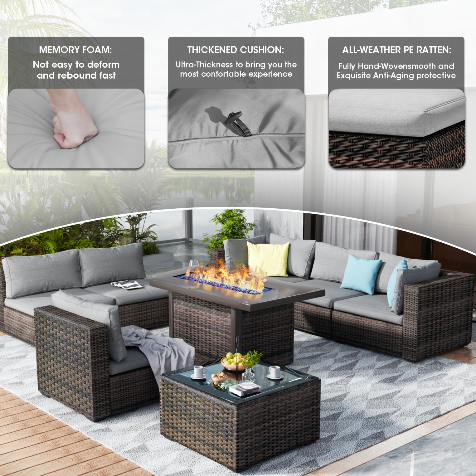 7pcs All-Weather PE Rattan Wicker Outdoor Sectional Patio Furniture Set with Fire Pit Table, Memory Foam Cushions & Brown Tapered Legs - Modular L-Shaped or Straight Configuration, Durable Wicker for Backyard, Garden, Poolsid