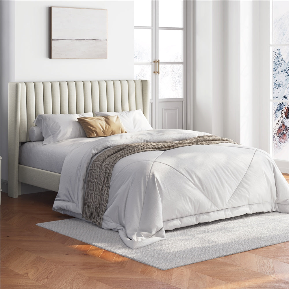 Costoffs Upholstered Bed Frame Full/Queen/King Size, Winged Headboard, Non-Slip, Noiseless, Wooden Slats, Bedroom Furniture, Easy Setup, No Box Spring Required, Installation Guide Included
