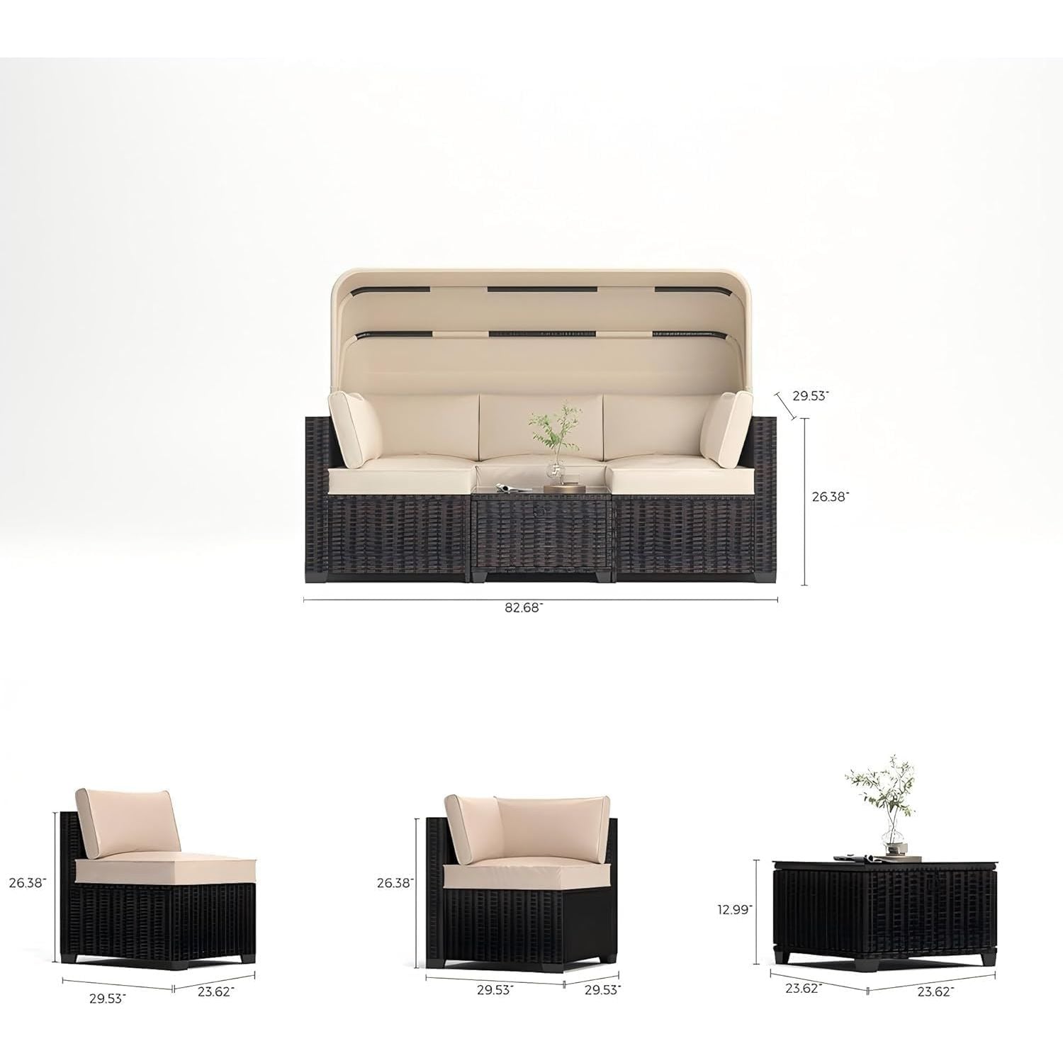 6pcs Wicker Outdoor Daybed Set with Retractable Canopy & Adjustable Chaise Lounges - L-Shaped Patio Furniture, Cushioned Brown/Beige Wicker Sectional Sofa for Poolside, Garden, Backyard - All-Weather Durable Lounge Beds