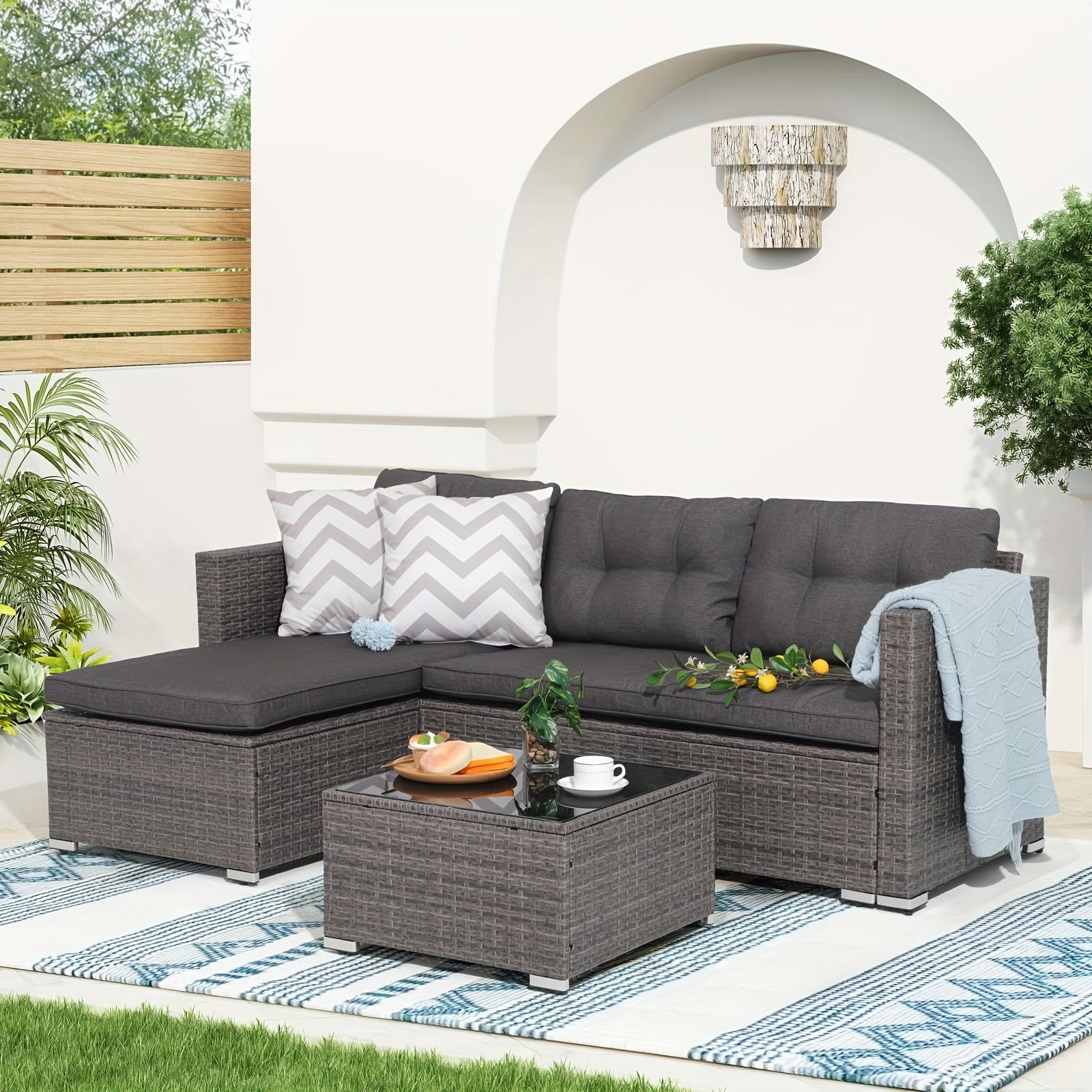 All-Weather Wicker Patio Furniture Set - Includes Sectional Sofa, Chaise Lounge & Glass Coffee Table | Durable Rattan with Metal Frame for Deck, Balcony, Porch | Grey