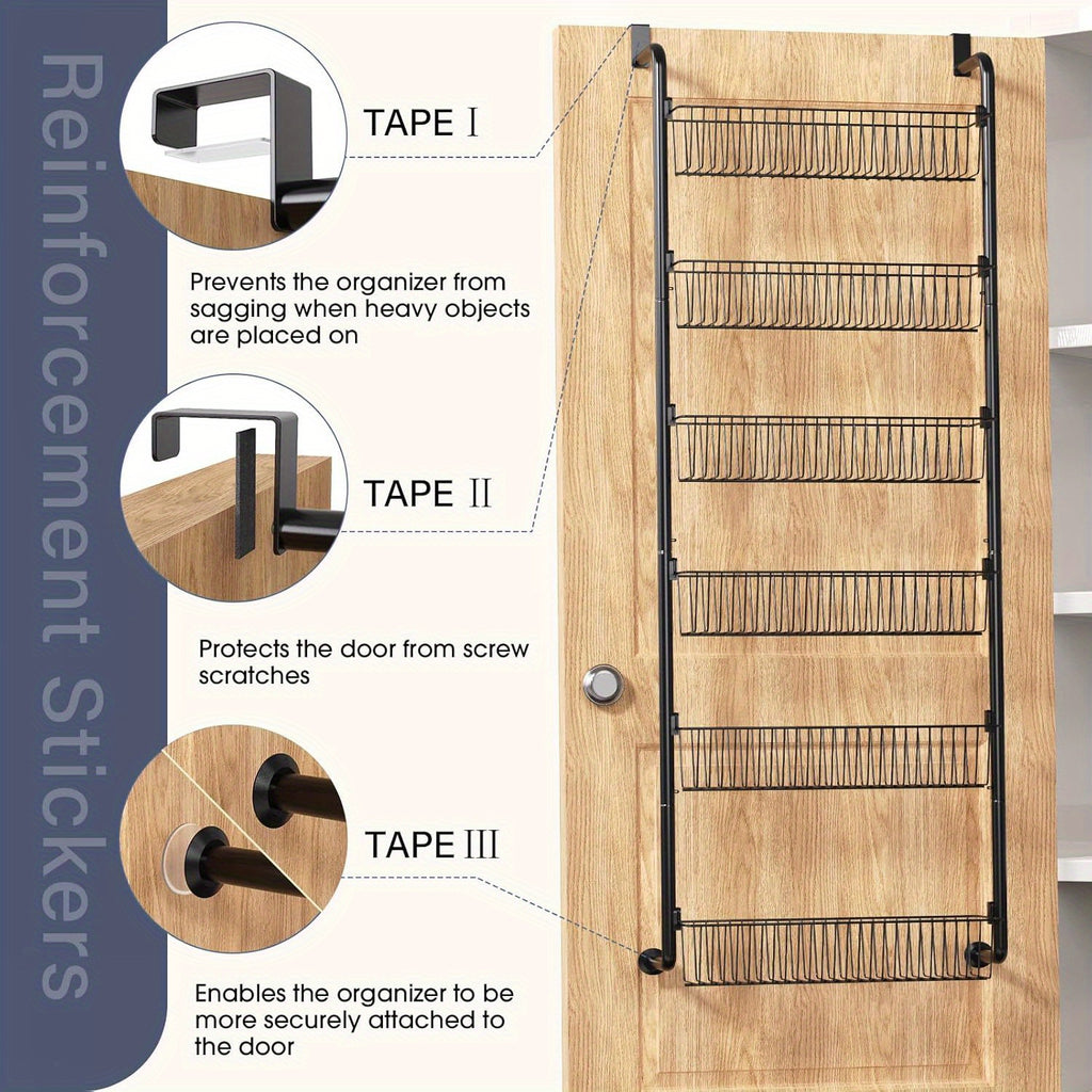 8-Tier & 6-Tier Over-the-Door Pantry Organizer - Versatile Black Metal Hanging Storage Rack for Kitchen, Laundry, Bathroom - Space-Saving Design with Clear Seamless Tape, Scratch-Proof Stickers, Pantry Organization | Versatil