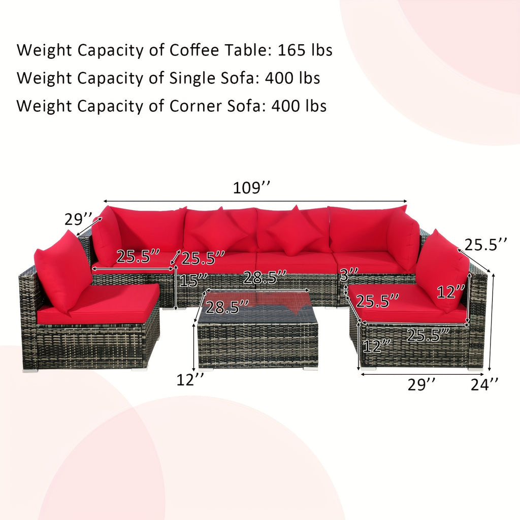 7pcs Outdoor Patio Furniture Set with Red Cushions - Wicker Sectional Sofa, Coffee Table, and Pillows - All-Weather PE Rattan & Anti-Rust Steel Frame for Garden Leisure, Patio Furniture Outdoor