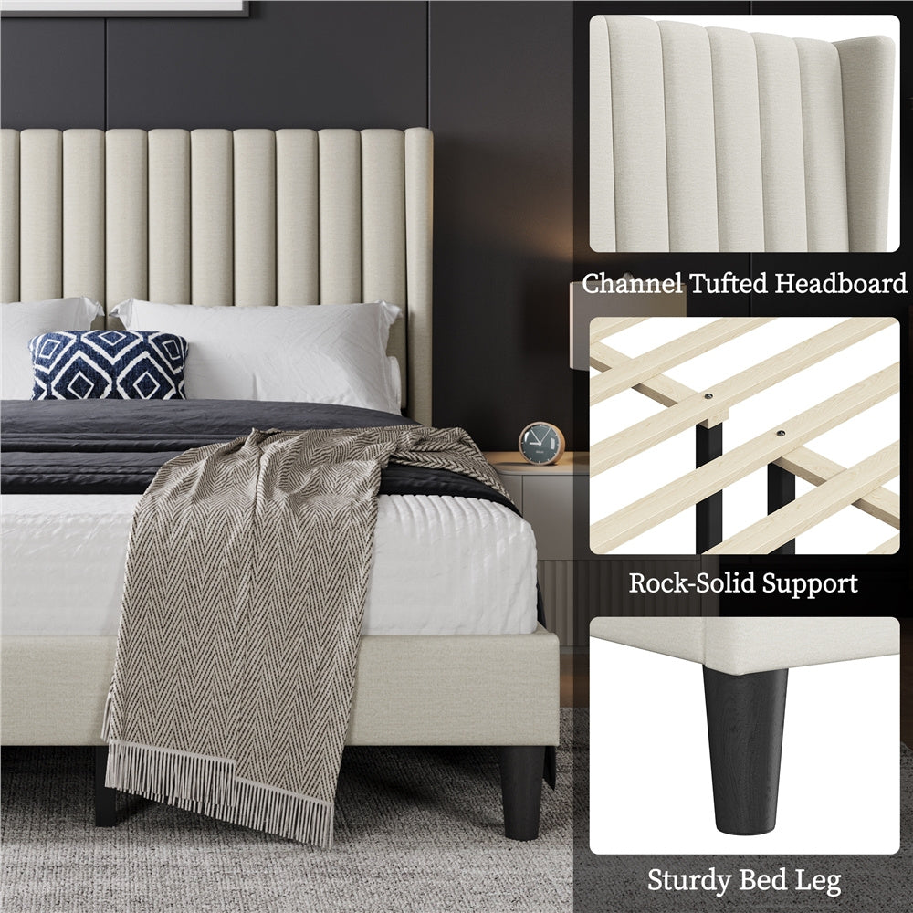 Costoffs Upholstered Bed Frame Full/Queen/King Size, Winged Headboard, Non-Slip, Noiseless, Wooden Slats, Bedroom Furniture, Easy Setup, No Box Spring Required, Installation Guide Included