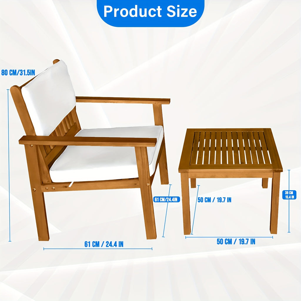 3 Pieces Acacia Wood Patio Bistro Set with Water Resistant Cushions and Coffee Table for Backyard Garden Patio Furniture Outdoor Table Chair Set Outdoor Wood Chat Chairs Set