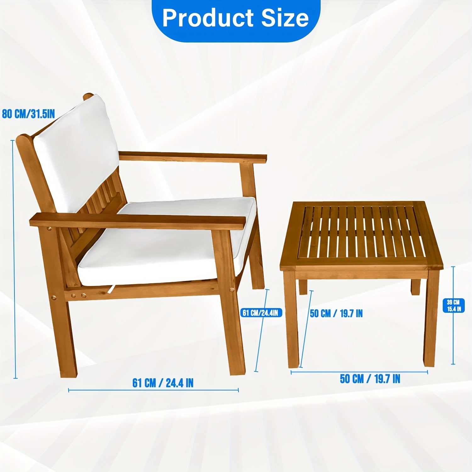 3 Pieces Acacia Wood Patio Bistro Set with Water Resistant Cushions and Coffee Table for Backyard Garden Patio Furniture Outdoor Table Chair Set Outdoor Wood Chat Chairs Set