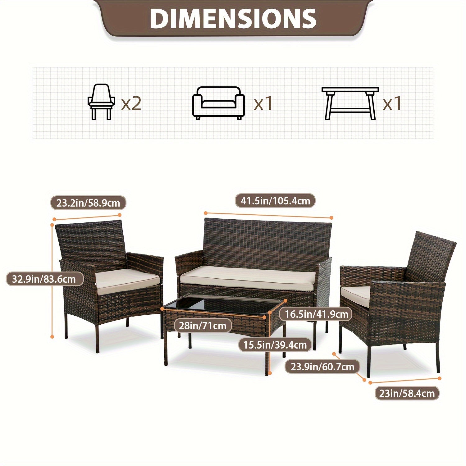 4 Pieces Patio Furniture Set - Wicker Rattan Sofa with Soft Cushion and Glass Table - Outdoor Furniture for Garden, Yard, Pool, or Backyard - Perfect for Relaxing and Entertaining - Ideal Gift for Housewarming