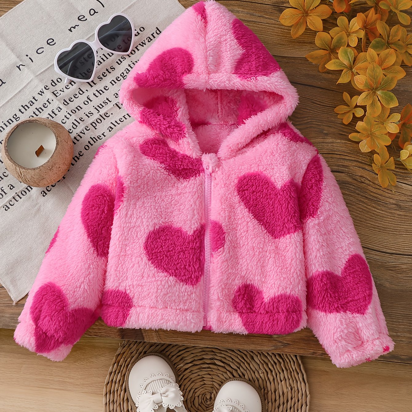 Girls' Jacket, Casual Fashion Heart Plush Hooded Zip-Up Long Sleeve, Solid Color, Spring/Autumn