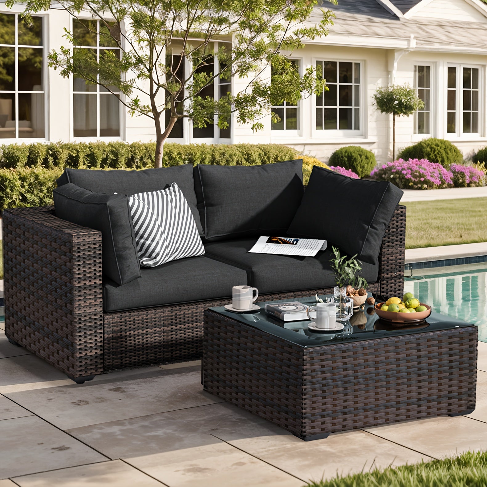 3 Pieces Patio Furniture Set, PE Rattan Wicker 3 Pcs Outdoor Sofa Set W/Washable Cushion And Tempered Glass Coffee Table, Conversation Furniture For Garden Poolside Balcony
