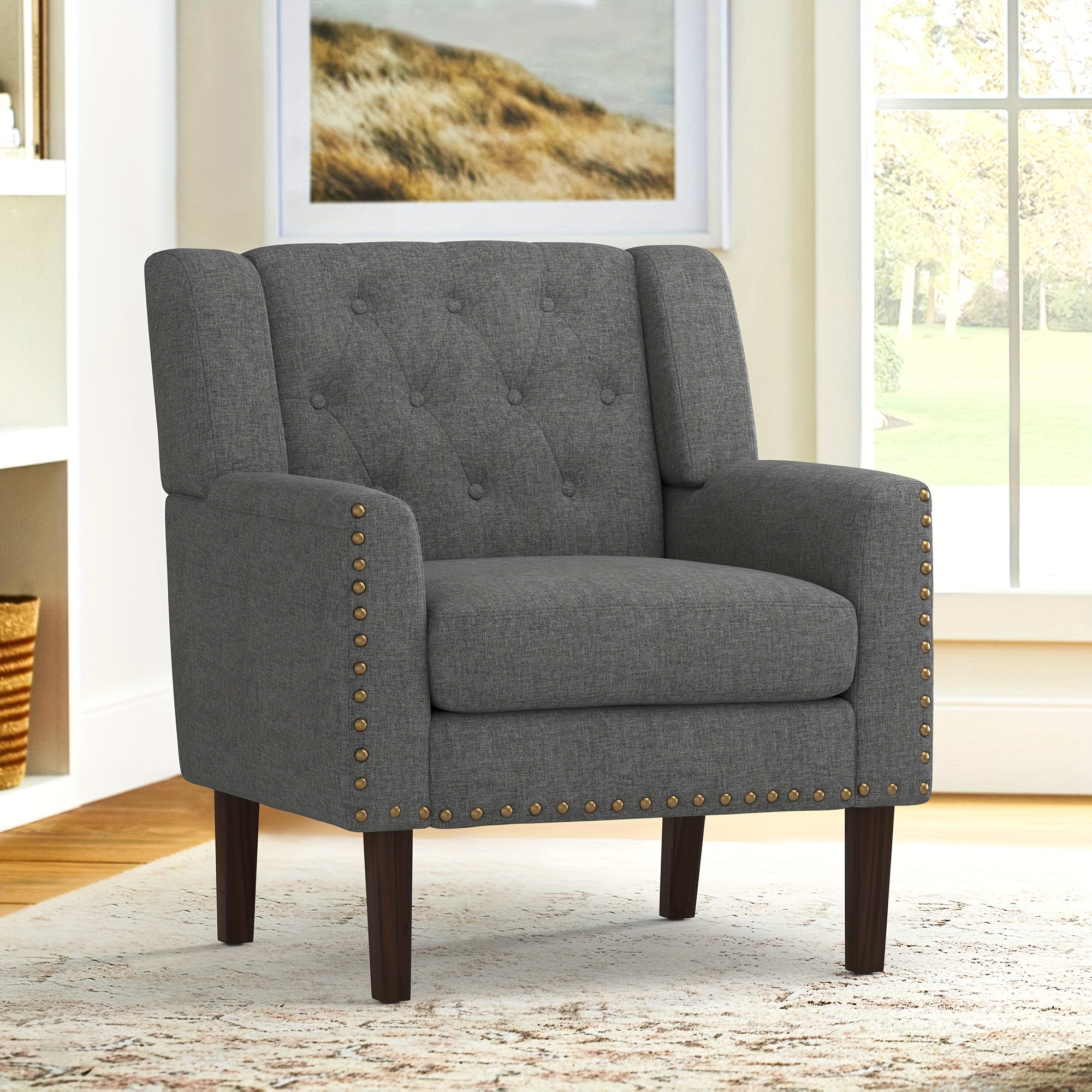 1PCS 350LBS Upholstered Linen Accent Chair, Mid Century Living Room Chair 18.5", Comfy Button Tufted Arm Chair, Accent Chairs For Living Room, Small Spaces, Bedroom,