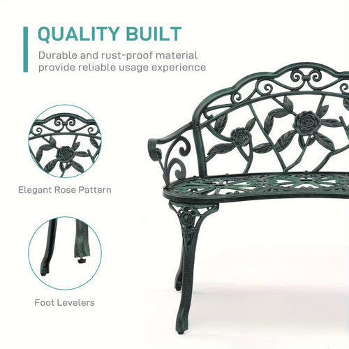 1 PC Rust-Proof Cast Iron Garden Bench, 38.5in Outdoor Seating with Elegant Rose Pattern, Foot Levelers, and Patio Furniture in Green