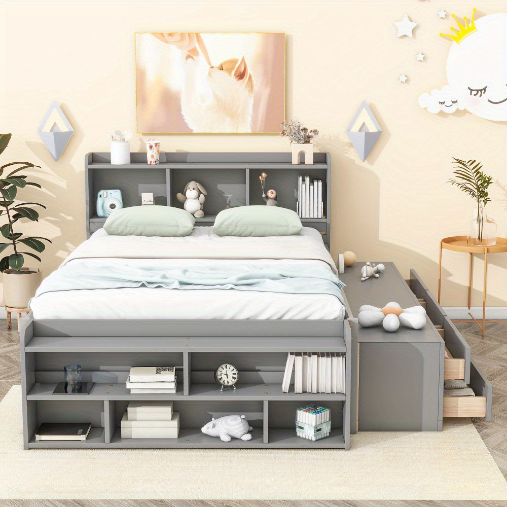 Full Size Bed Frame with Bookcase Headboard, 6-Drawer Storage & Foot Cabinet - Space-Saving Platform Bed, Heavy-Duty Metal Construction, Modern Minimalist Bedroom Furniture for Small Spaces - Easy Assembly Required, Decorativ