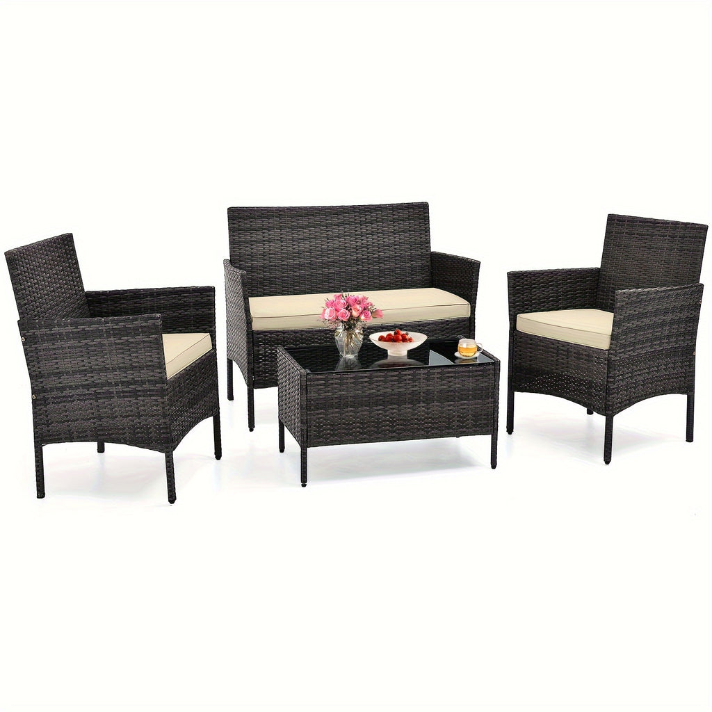 4pcs Patio Furniture Set w/Washable Cushions and Tempered Glass Coffee Table