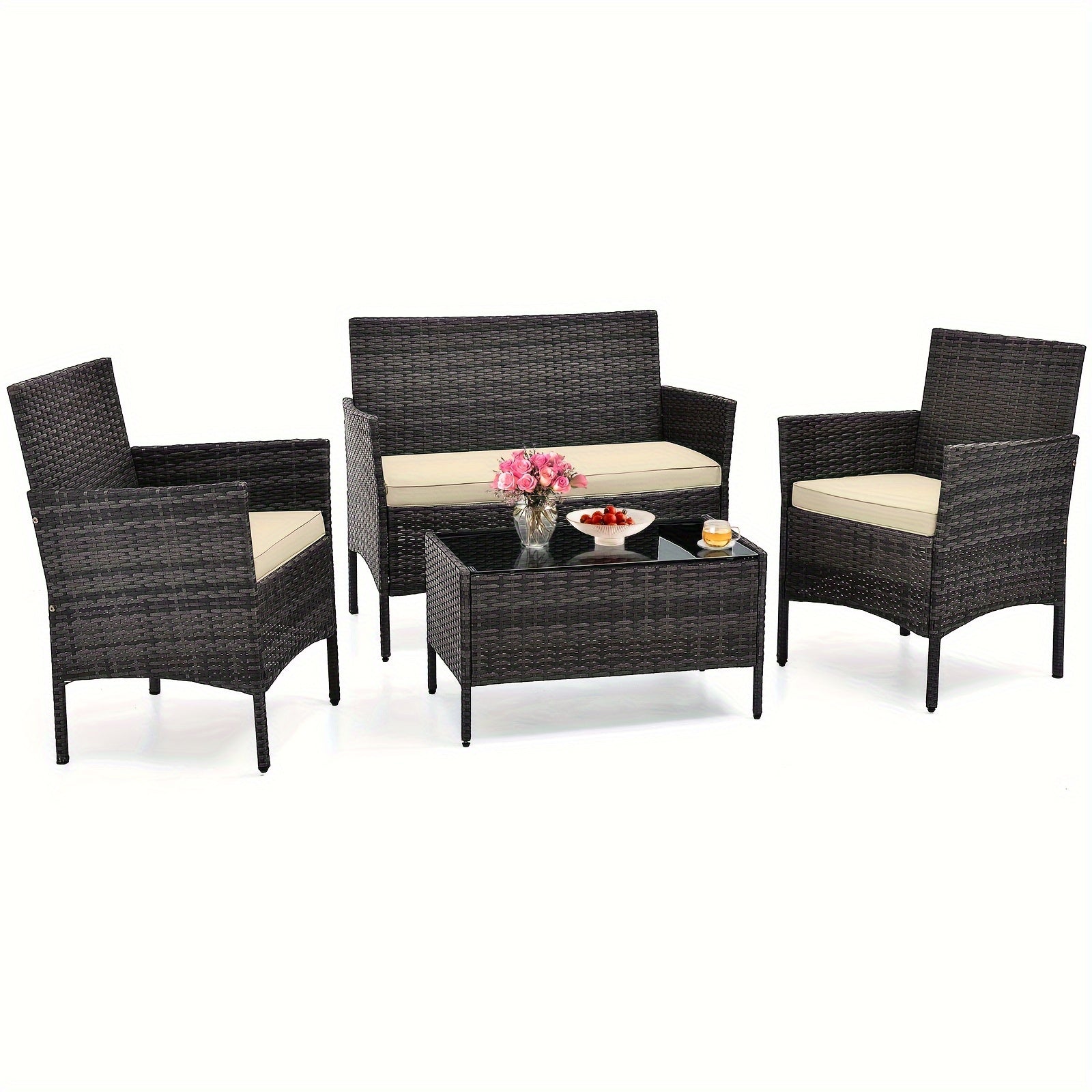 4pcs Patio Furniture Set w/Washable Cushions and Tempered Glass Coffee Table