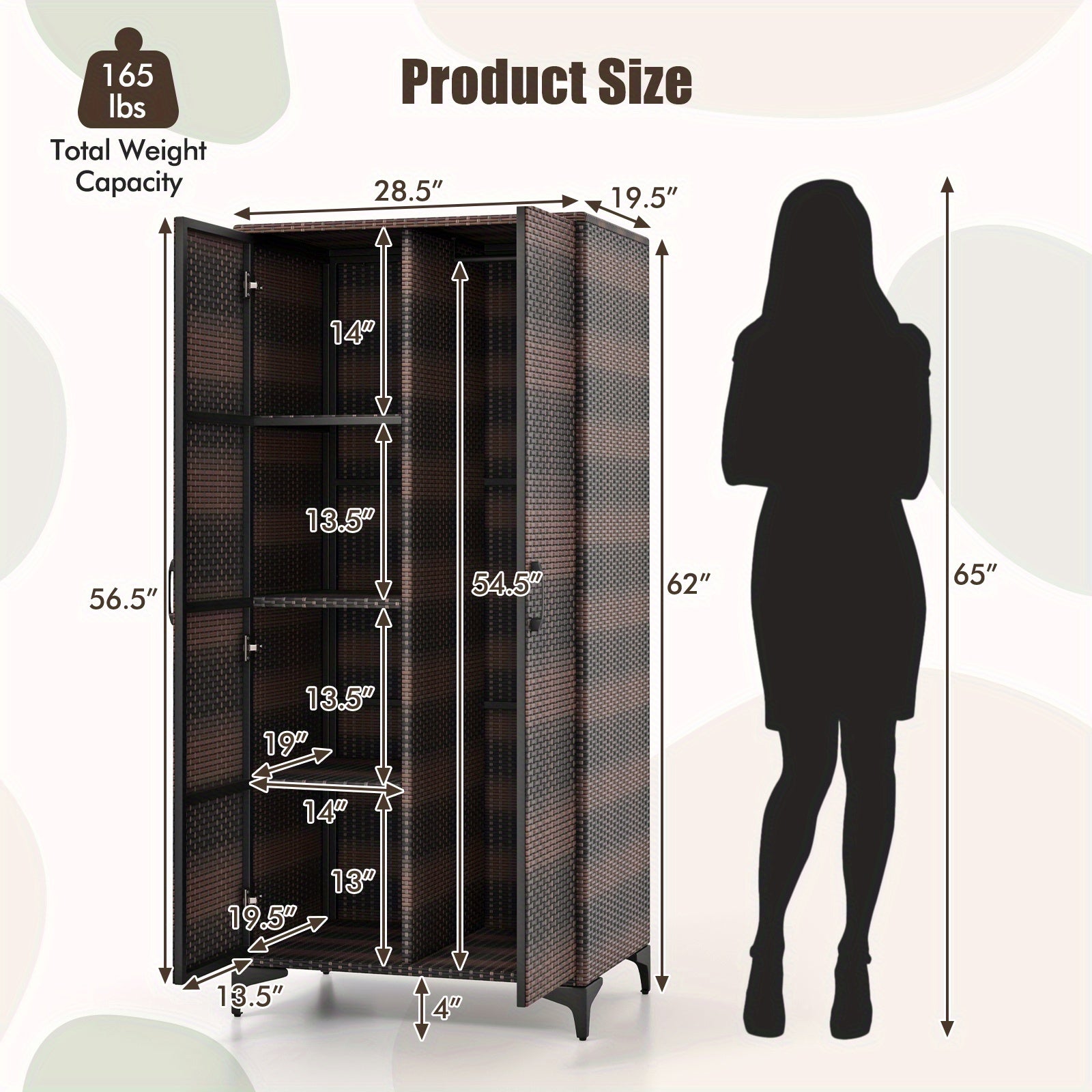 GYMAX 62" Black Wicker Wardrobe with 2 Doors, PE Rattan Armoire Closet on Sturdy Metal Frame - Includes Hanging Rod & 4 Storage Cubes, Ideal for Bedroom, Patio, Garage - Elegant, Durable & Versatile Organizer, Portable Closet