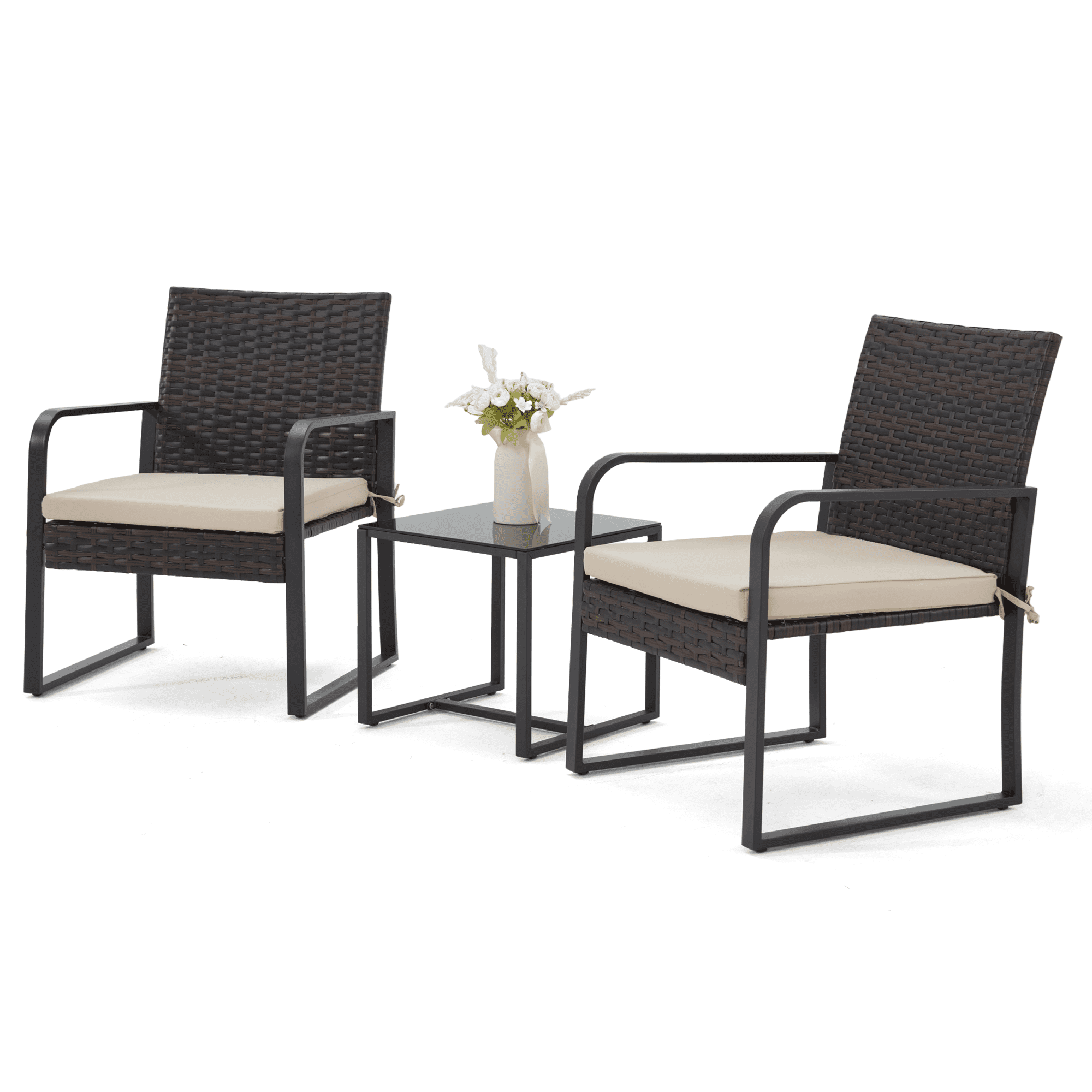 Bezseller 3pcs Patio Furniture Set, Outdoor Rattan Bistro Set with Coffee Table, Durable Steel Frame with Strapped Cushions for Garden, Balcony, Poolside, Backyard
