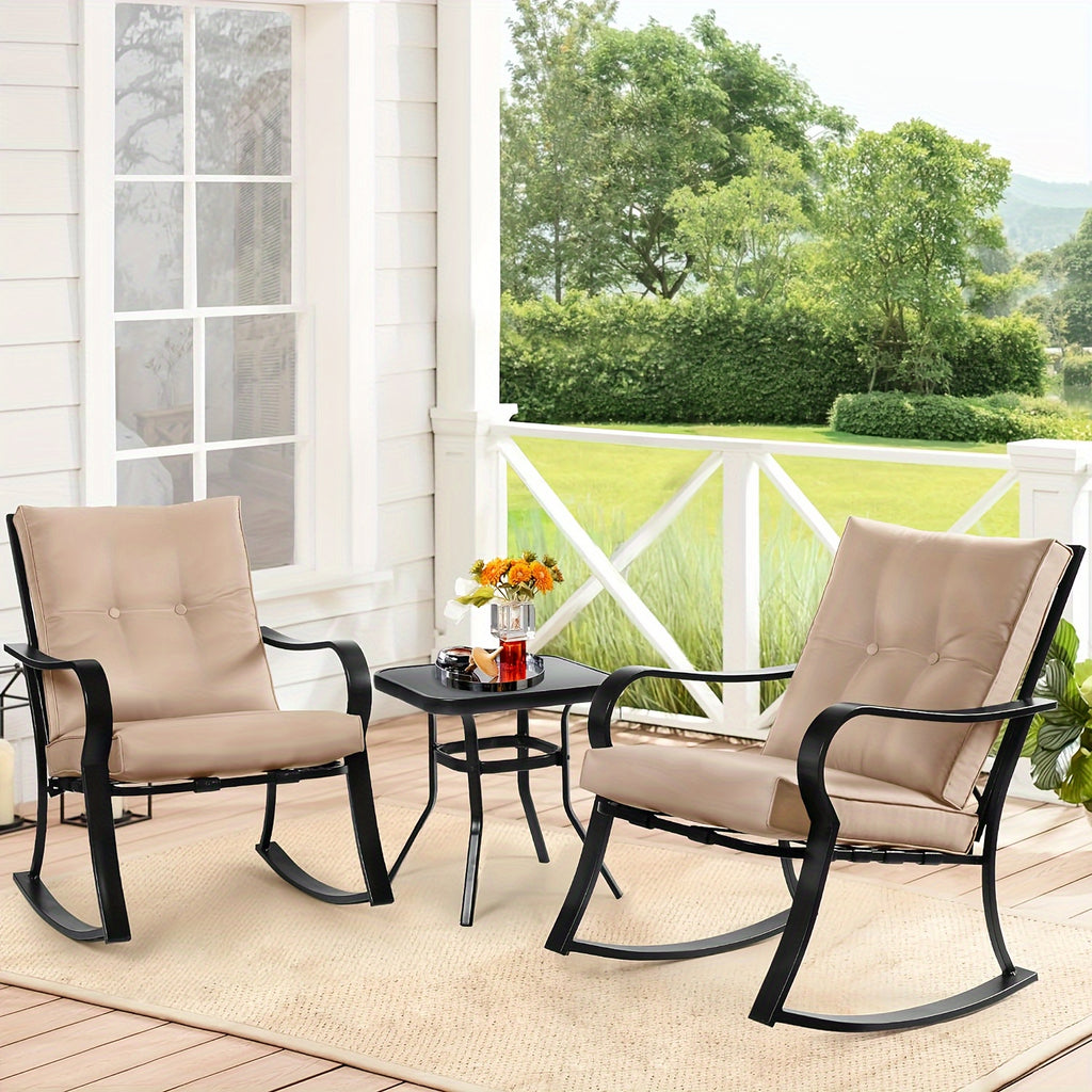 3-Piece Outdoor Rocking Chairs Bistro Set, Black Iron Patio Furniture With Red Thickened Cushion & Glass-Top Coffee Table