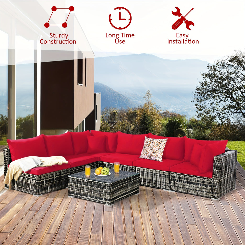 7pcs Outdoor Patio Furniture Set with Red Cushions - Wicker Sectional Sofa, Coffee Table, and Pillows - All-Weather PE Rattan & Anti-Rust Steel Frame for Garden Leisure, Patio Furniture Outdoor