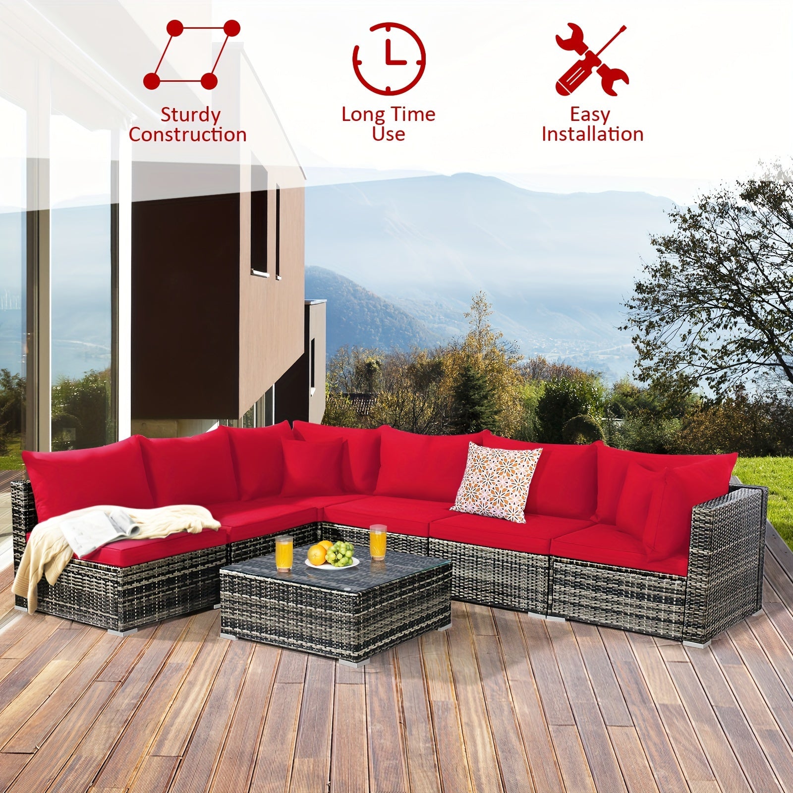 7pcs Outdoor Patio Furniture Set with Red Cushions - Wicker Sectional Sofa, Coffee Table, and Pillows - All-Weather PE Rattan & Anti-Rust Steel Frame for Garden Leisure, Patio Furniture Outdoor