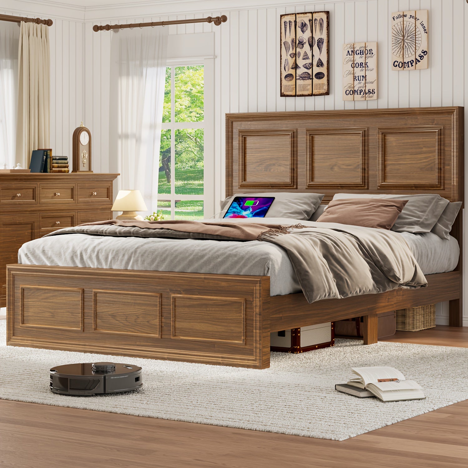 Full Queen Platform Bed Frame with Headboard, Farmhouse Style, Height Adjustable, Brown Oak Finish, USB Charging Port, Metal Frame, Easy Assembly, Modern Bedroom Furniture