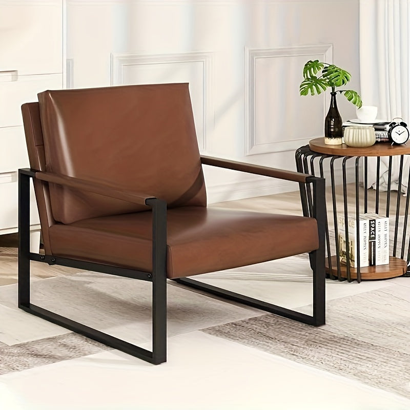 DKLGG Mid-Century Modern Accent Armchair, Classic Single Sofa Chair with Frame Metal and Extra-Large Ergonomic Cushion, Leather Accent Chairs Anti-Scratch Foot Mats for Living Room, Brown