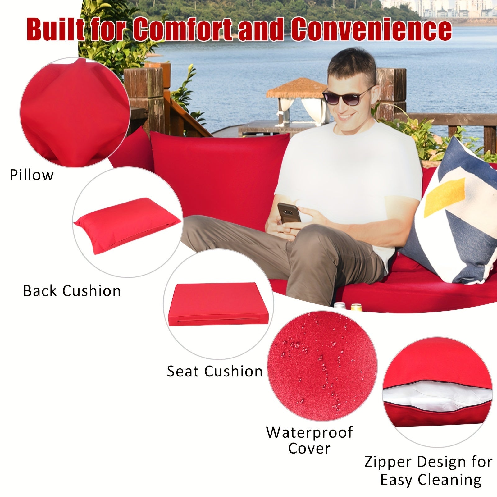 7pcs Outdoor Patio Furniture Set with Red Cushions - Wicker Sectional Sofa, Coffee Table, and Pillows - All-Weather PE Rattan & Anti-Rust Steel Frame for Garden Leisure, Patio Furniture Outdoor