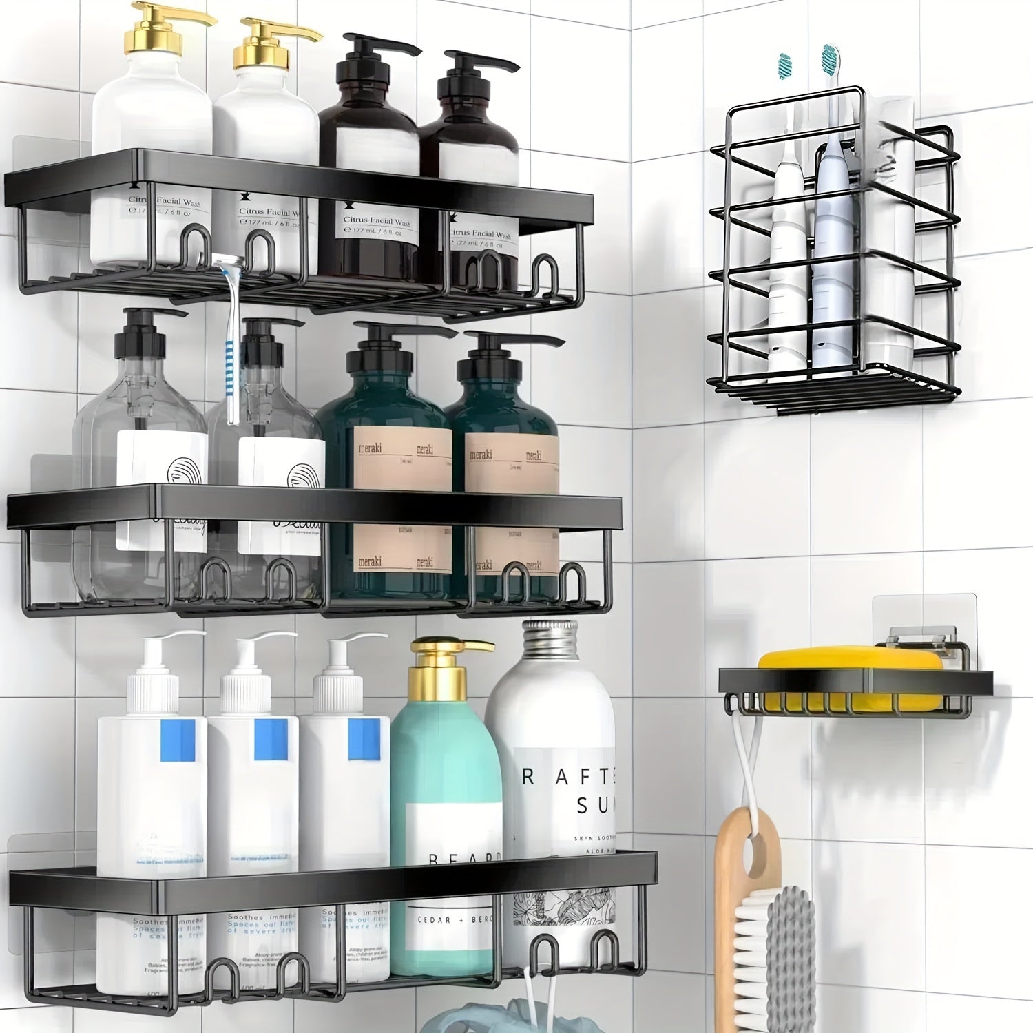 5 Pack Shower Caddy, Large Capacity Wall-Mounted Bathroom Shelf with Rustproof 304 Stainless Steel Shower Organizer Rack, No Drill Installation Suitable for Shower, Bathtub, for inside Shower Storage, Shower Caddies