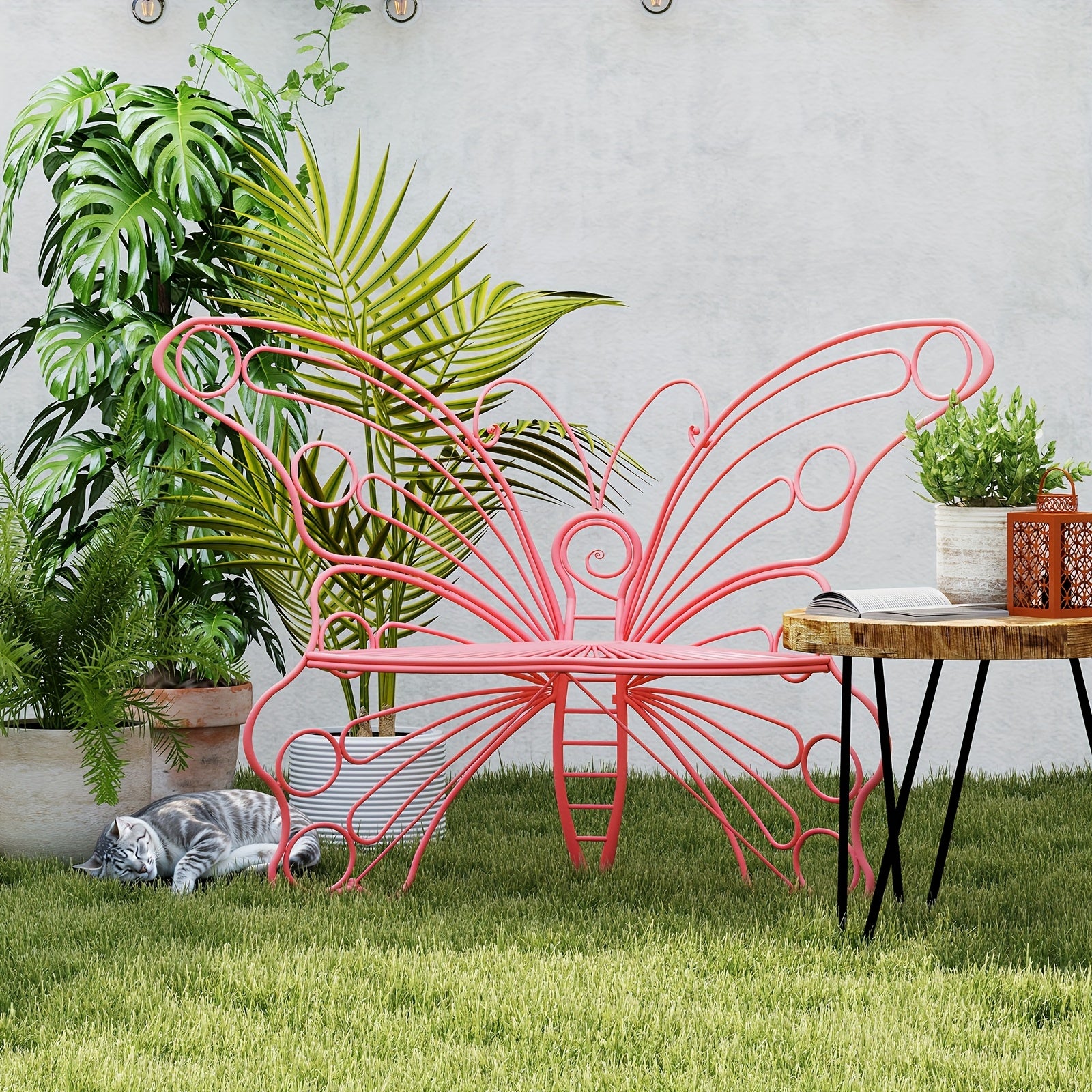 50 Inches Outdoor Bench, Garden Bench with Sturdy Iron Metal Frame, Pretty Butterfly Bench Front Porch Bench for Porch, Lawn, Garden, Yard, Outdoor Bench with Storage, Bench for Garden, Outdoor Furniture, Garden Bench Outdoor