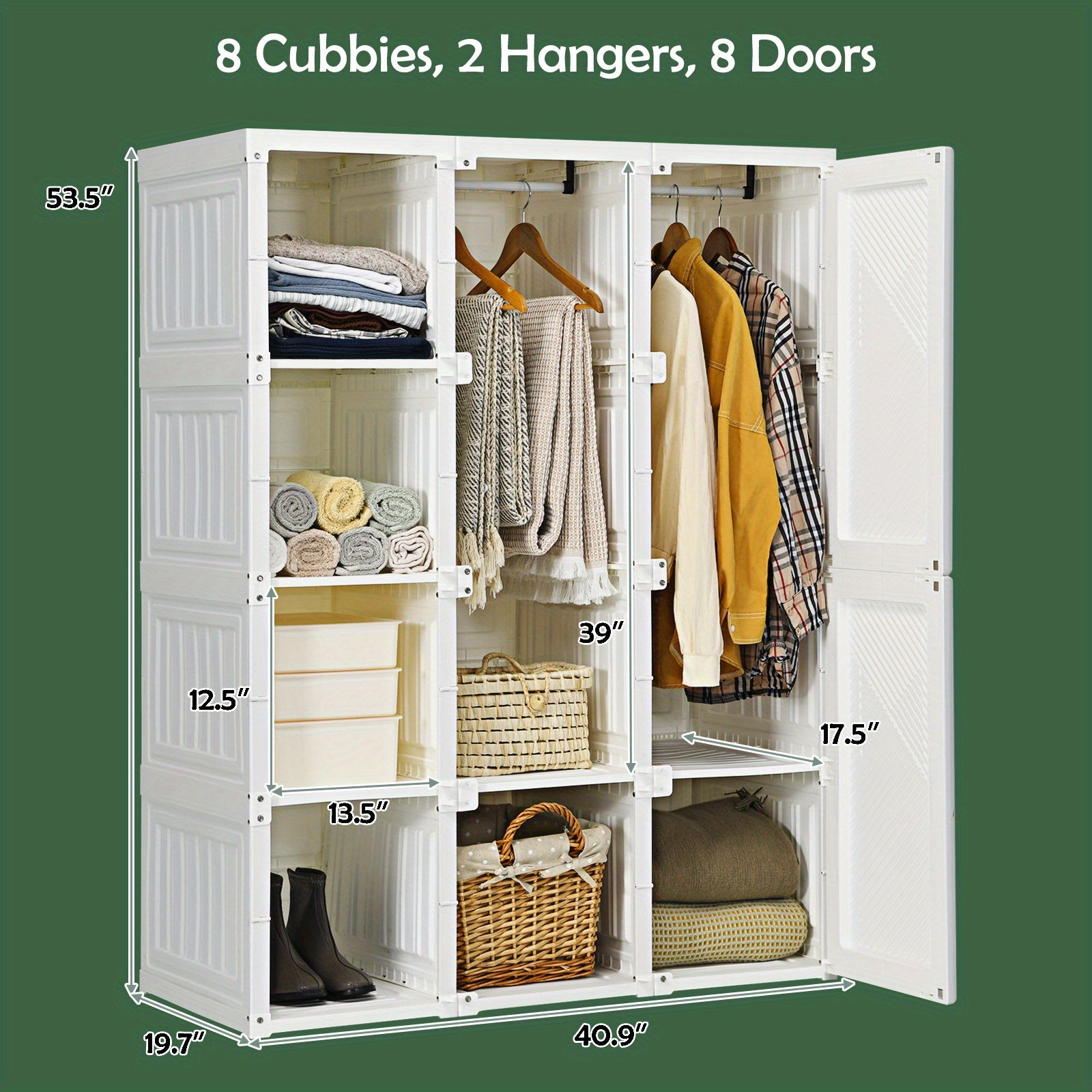 GYMAX Portable Wardrobe Closet, Foldable Closet Clothes Organizer w/ Cubby Storage, Hanging Rods, Magnet Doors, Odorless Material, Stable Structure, Easy Assemble, Folding Bedroom Armoire for Locker Room, Living Room
