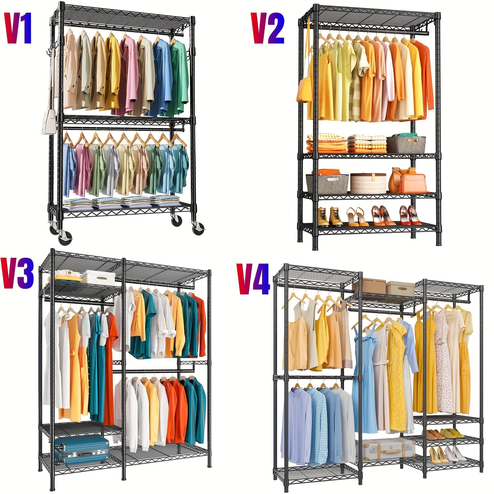 Clothes Rack Heavy Duty Metal Garment Rack With Shelves, Wardrobe Clothes Organizer, Hanging Closet Organizer For Storage, Free Standing Closet Shelves And Coat Rack, Clothes Drying Rack With Rolling Wheels, Kids Hangers And