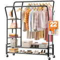 Clothes Rack, Clothing Rack Double Rod Garment Rack Clothing Racks for Hanging Clothes 255LBS Heavy Duty Clothes Rack with Wheels Metal Rolling Closet Rack Laundry Storage Organization