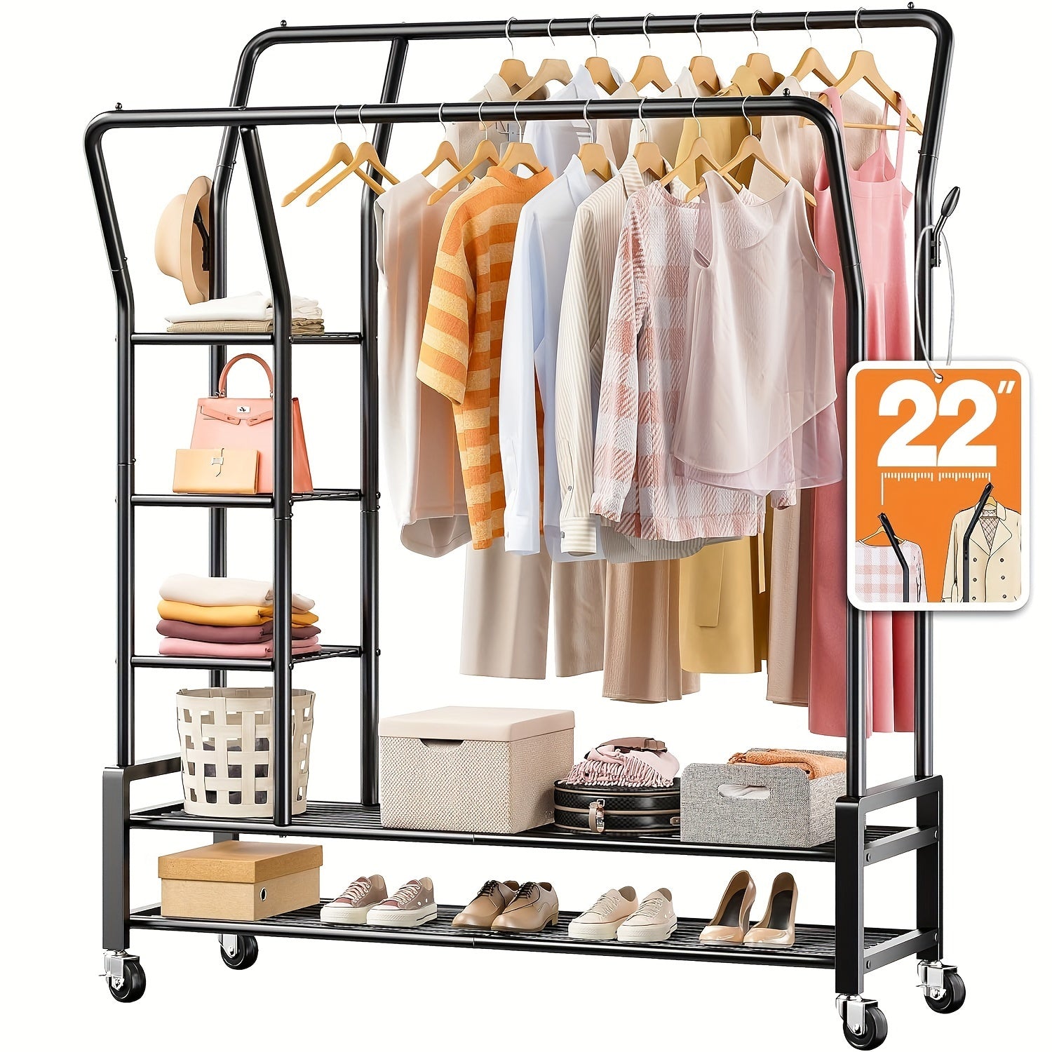 Clothes Rack, Clothing Rack Double Rod Garment Rack Clothing Racks for Hanging Clothes 255LBS Heavy Duty Clothes Rack with Wheels Metal Rolling Closet Rack Laundry Storage Organization