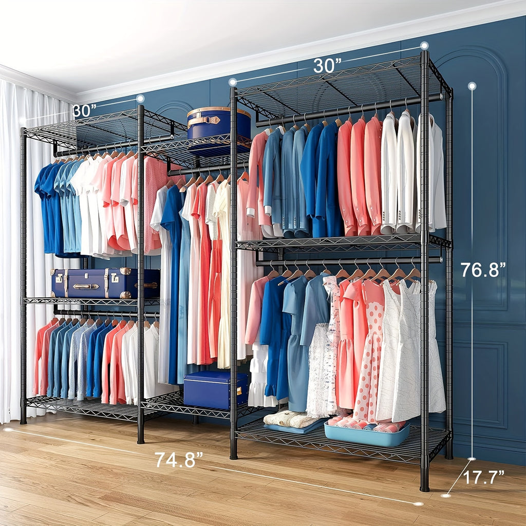 Clothes Rack Heavy Duty Metal Garment Rack With Shelves, Wardrobe Clothes Organizer, Hanging Closet Organizer For Storage, Free Standing Closet Shelves And Coat Rack, Clothes Drying Rack With Rolling Wheels, Kids Hangers And