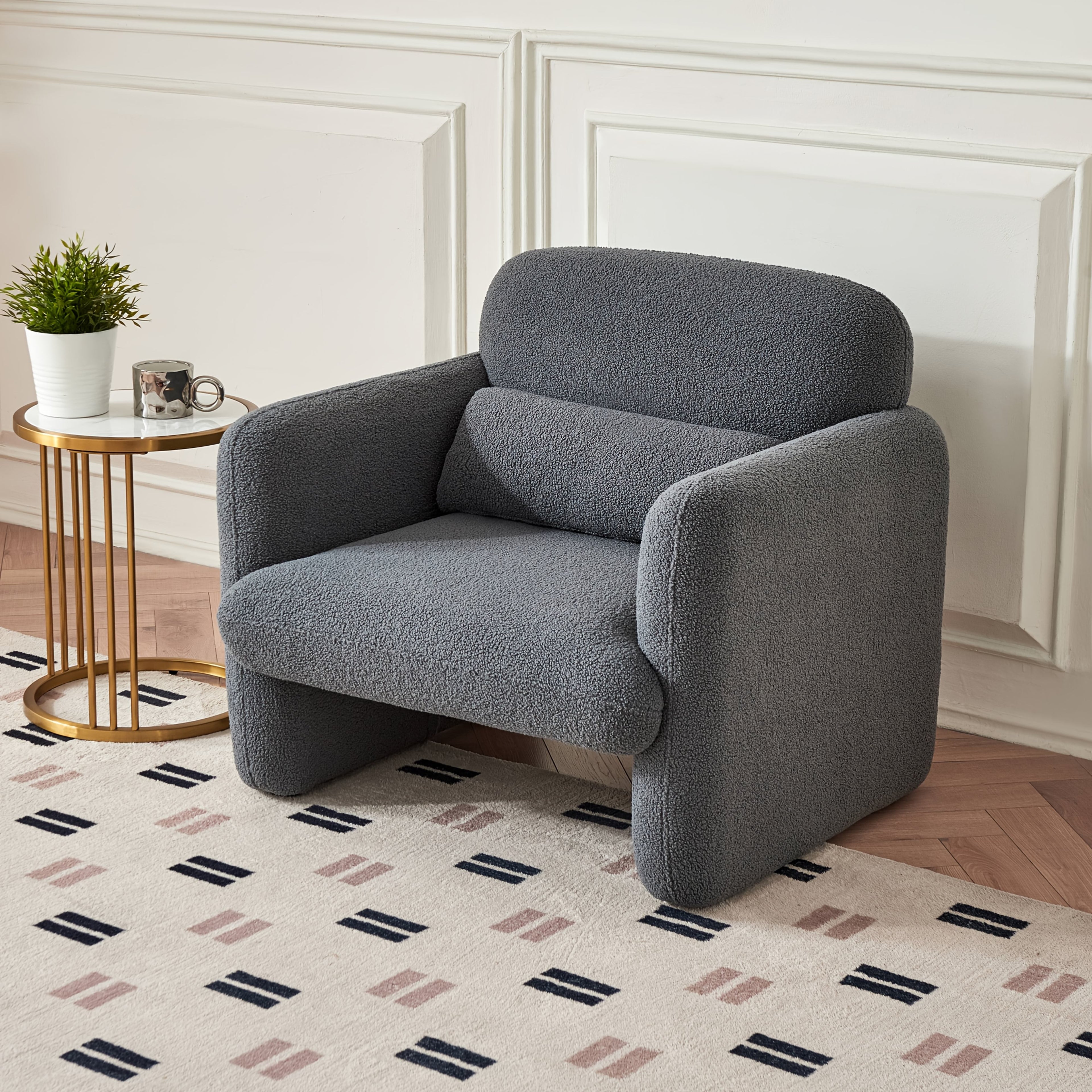 33.86" Accent Chairs, Modern Sherpa Lamb Fabric Armed Chair Comfy Upholstered Armchair Leisure Single Sofa Chair With A Waist Pillow For Bedroom, Office And Living Room