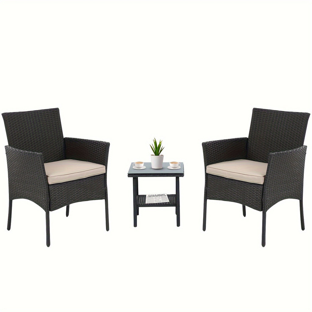 3-Piece PE Rattan Wicker Patio Furniture Set with Handrail - Sturdy Steel Bracket, Comfortable Cushions, and Coffee Table for Outdoor Relaxation in Yard, Balcony, Poolside, and Garden