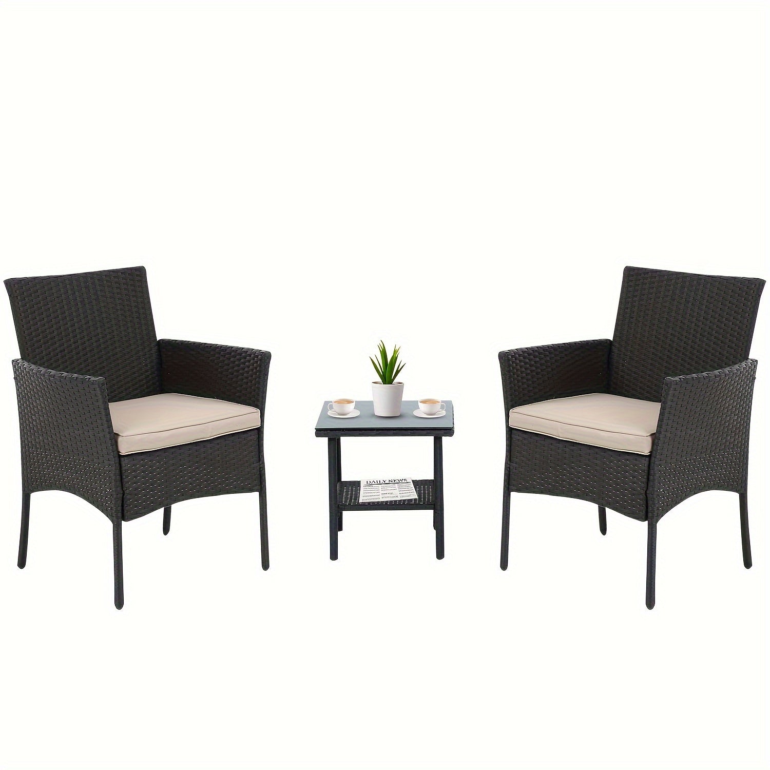 3-Piece PE Rattan Wicker Patio Furniture Set with Handrail - Sturdy Steel Bracket, Comfortable Cushions, and Coffee Table for Outdoor Relaxation in Yard, Balcony, Poolside, and Garden