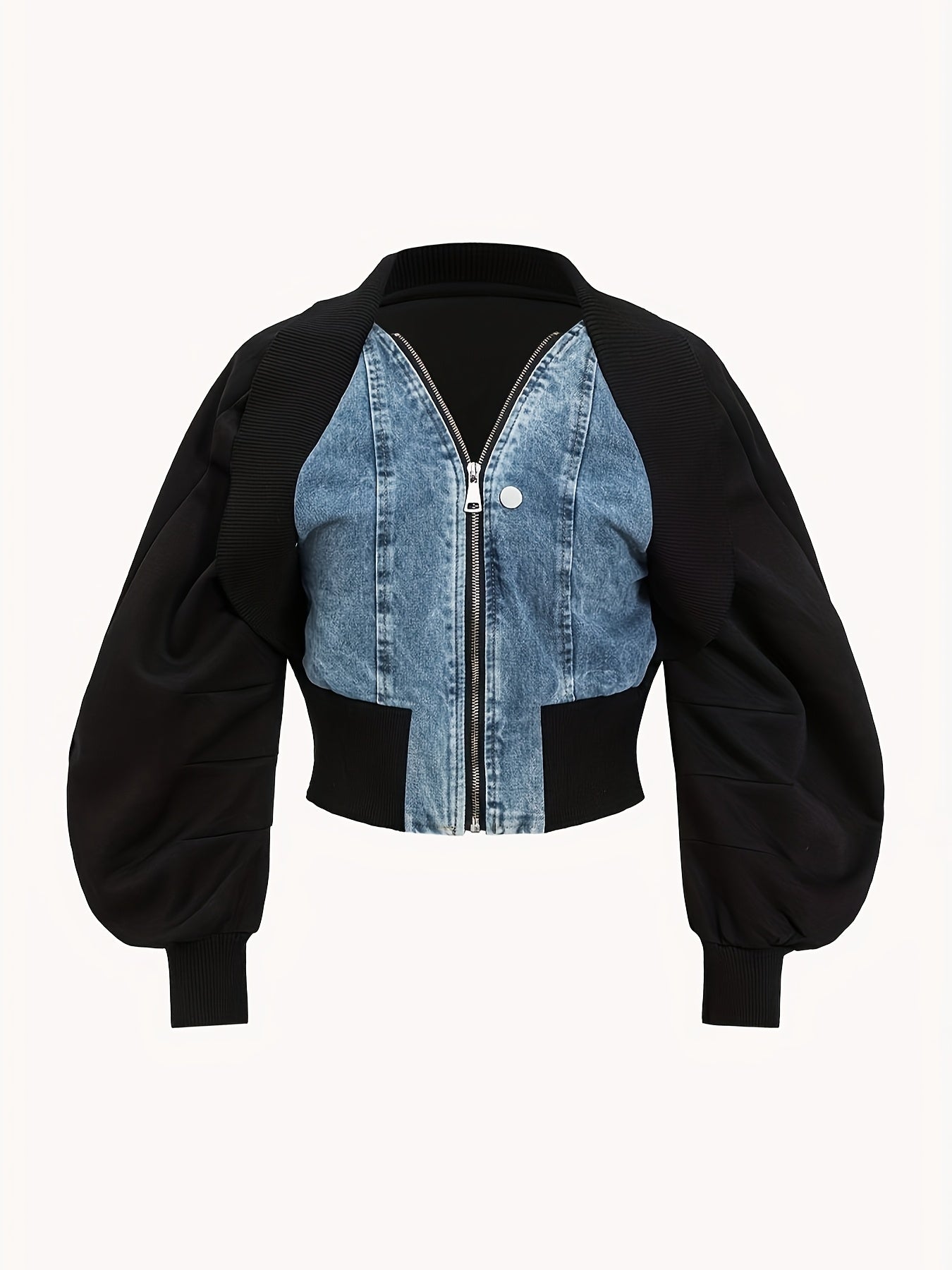 Plus-size Fashion Long-sleeved Denim Jackets, Zippered Short Denim Jackets with Patchwork, Women's Casual Denim Clothing