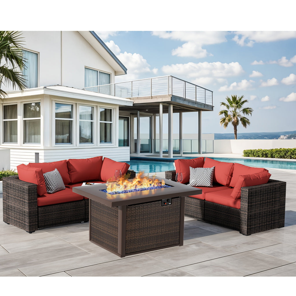 5pcs Patio Furniture Set With Fire Pit Table, All Weather Outdoor Sectional PE Rattan, Patio Conversation Sets With Cushions And Glass Coffee Table For Garden Lawn Balcony